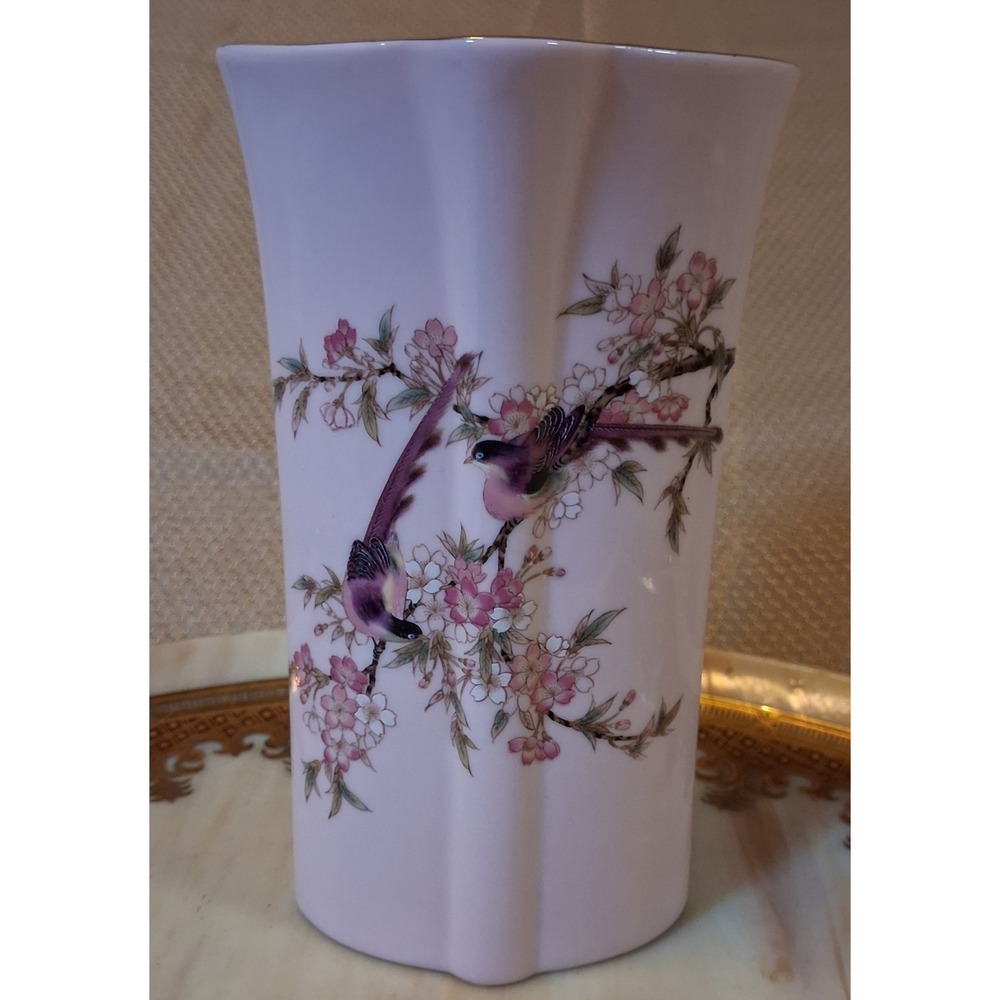 Yamaji Japan Pink Porcelain Bud Vase Cherry Blossom Bird Gold Trim Fluted 6.25in